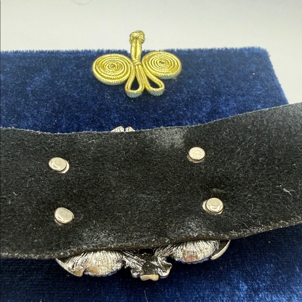 black faux leather statement cuff bracelet w/ centerpiece encrusted w/ crystals